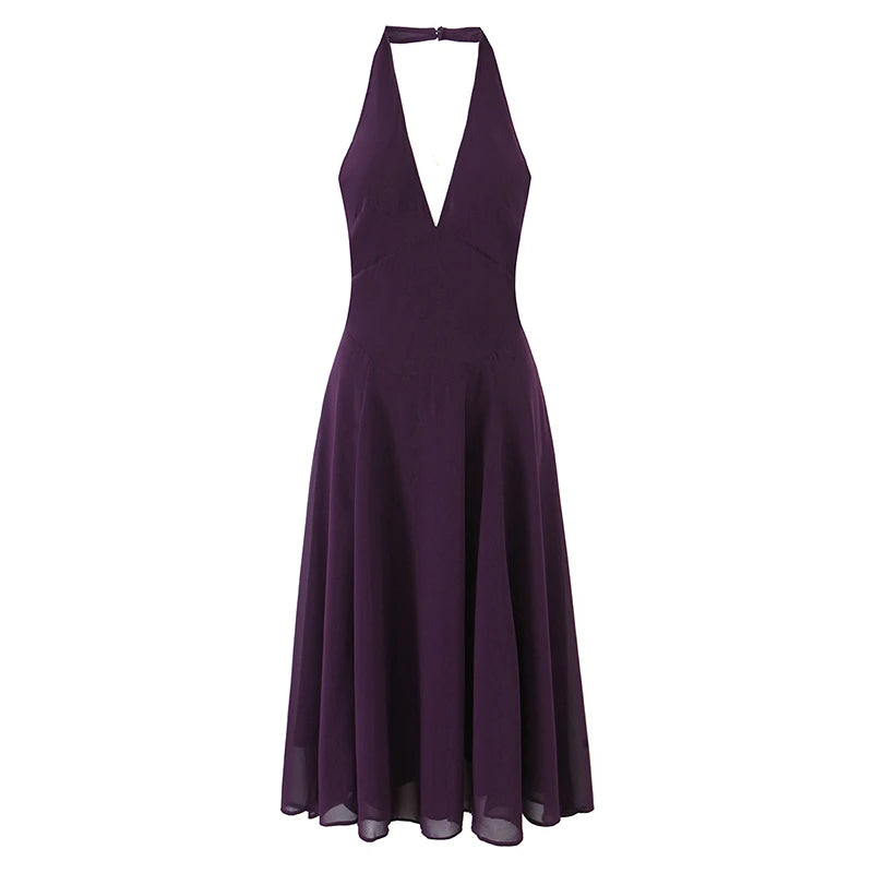 YENKYE Sexy Backless Elegant Purple Midi Long Halter Dress Women A-line Slim Casual Party Dresses Chic Lady Vacation Robe
