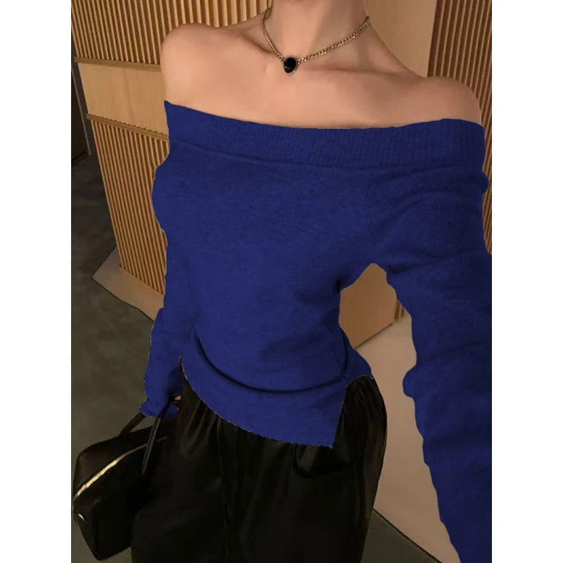 Elegant Long Sleeve Off-the-shoulder Knitted Sweater Women Pullover Bottoming Shirt Autumn Casual Office Simple Slim Fit Tops