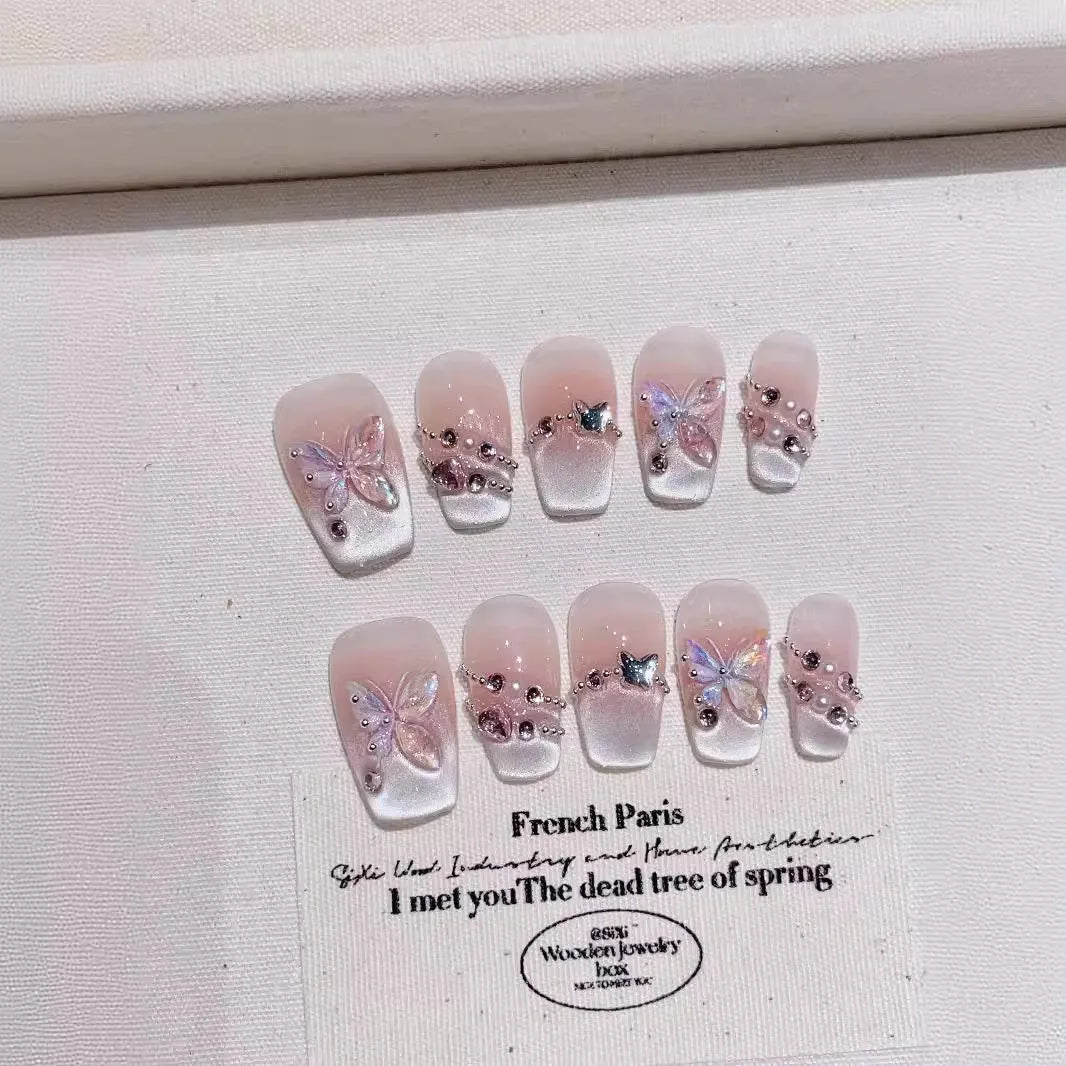 10Pcs Sweet Mid-length Ballet False Nails Art Fashion Pink Cat Eye Lovely Bow Wearable Finished Nails Set Summer Acrylic Nails