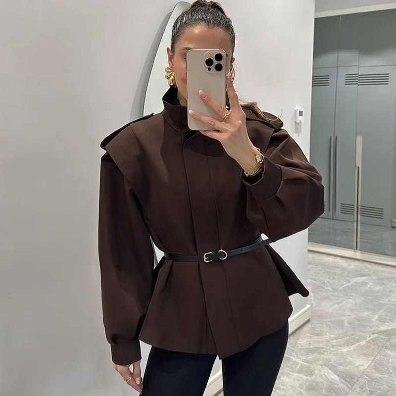 2025 Autumn New Stand Collar Design Sense Slim Fit Irregular Hem Short Trench Coat Women Temperament Commute Style