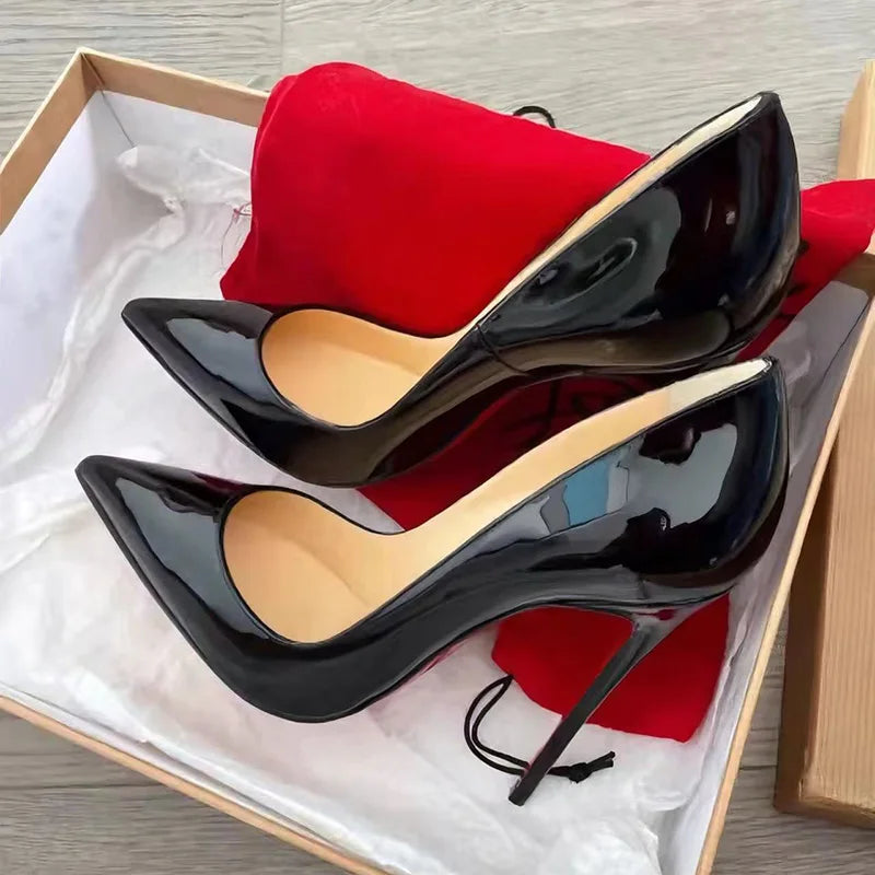 Tikicup Classic Black Patent Pointed-Toe Stiletto High Heels red sole for Women Elegant Evening Party & Formal Occasion Footwear Big Size