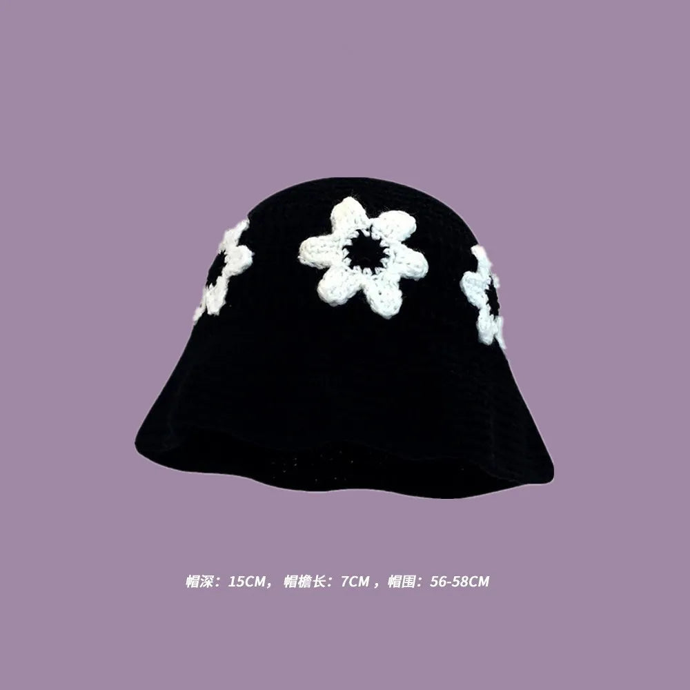2023 Autumn New Crochet Korean Handmade Bucket Hat Women Weaving Knitted Hat  Fashion Flowers Autumn Winter Beanies Basin Cap