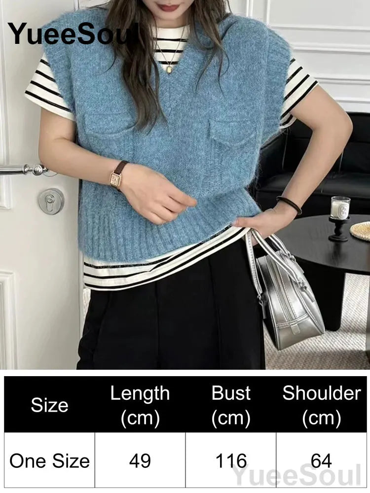 Blue Argyle Women's Vest Plaid Sleeveless Pullover Loose Knitted Sweater Vest 2026 New Autumn Y2K Casual Oversized Waistcoat