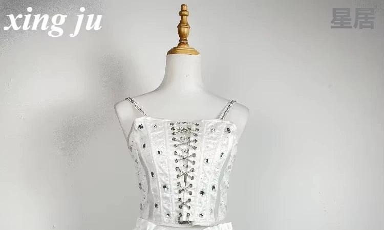 New Korean Women Group Jazz Dance White Lace-up Vest Sling Tops Sweet Princess Skirt Kpop DJ Dance Outfits Singer Stage Costume