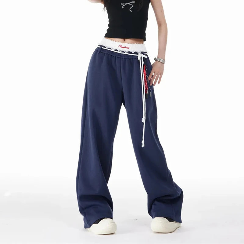 Blue Sweatpants Women Harajuku High-Waisted Loose Fashion Casual Wide-Leg Pants Lazy Tie Street Dance Jazz Hip-Hop Trousers