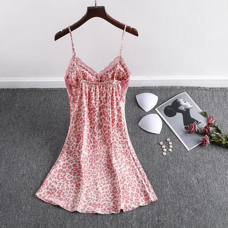 Summer Pink Leopard Print Sexy Slip Nightdress Lace Hollow Out Design Slimming Backless Nightwear For Women Home Sleepwear