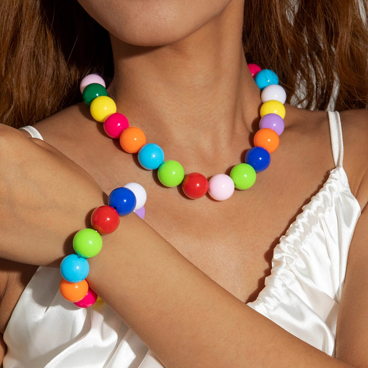 Docona Fashion Colorful Resin Big Beads Necklace Bracelet Set for Women Personality Originality Holiday Jewelry Accessories Gift