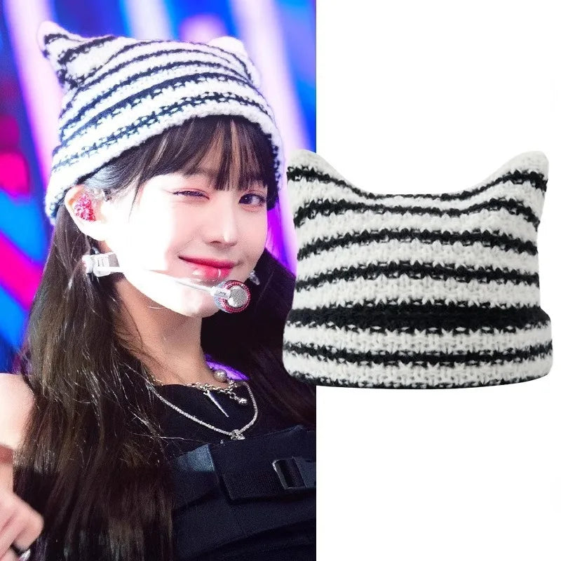 Y2K Cat Ears Striped Knitted Beanie | Inspired by Wonyoung