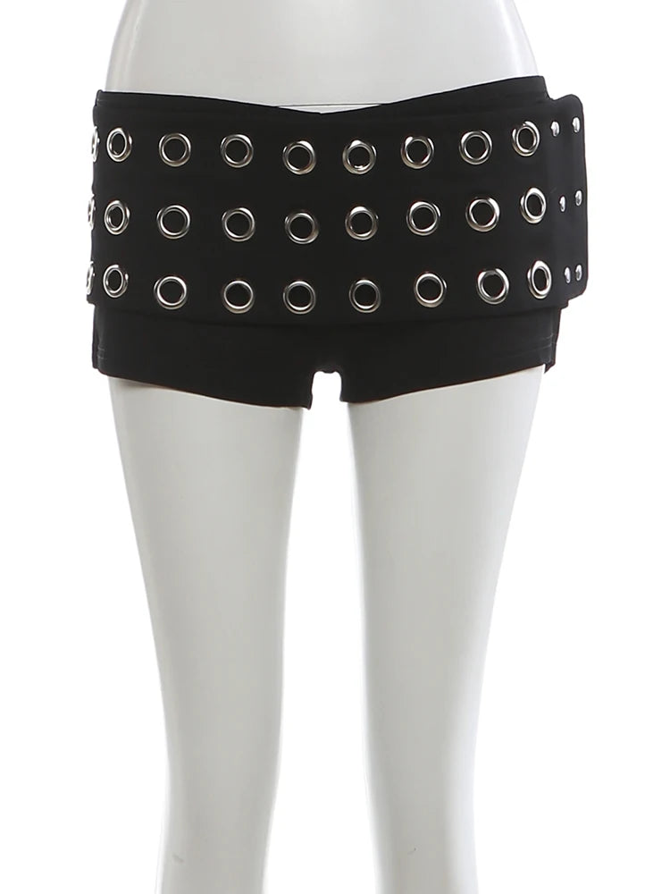 Sisterlinda Hottie Shorts Women Coquette Metal Hollow Sexy Rivet Patchwork High Street Clubwear Trend Stretch Skinny Bottoms