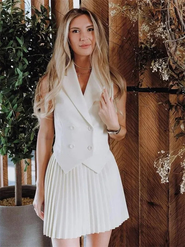 Double Breasted Irregular Vest & Pleated Skirt Suit | Inspired by Neslihan Atagül