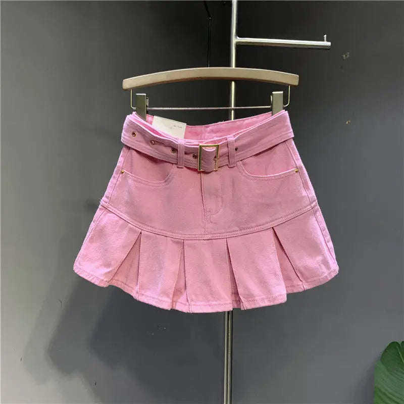 Sweet Fresh Pink Denim Skirt for Women Summer Fashion New Pleated A-line Skirts Casual All-match High Waist Faldas Sexy Mujer