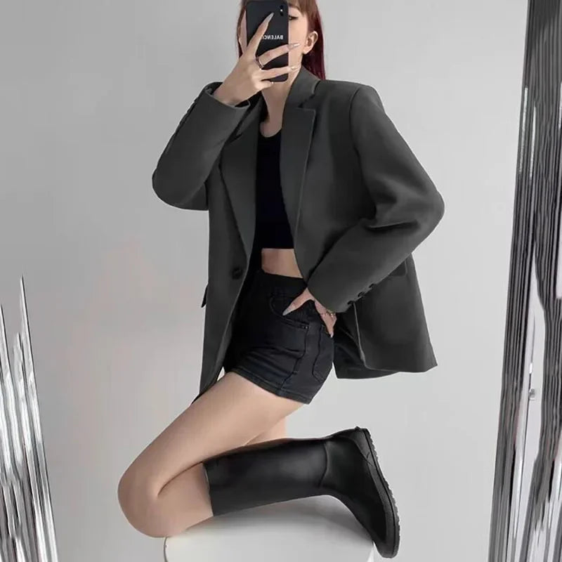Lucyever Vintage Women's Blazer Fashion Streetwear Loose Long Sleeved Blazers All-Match Casual Single Button Office Lady Coat