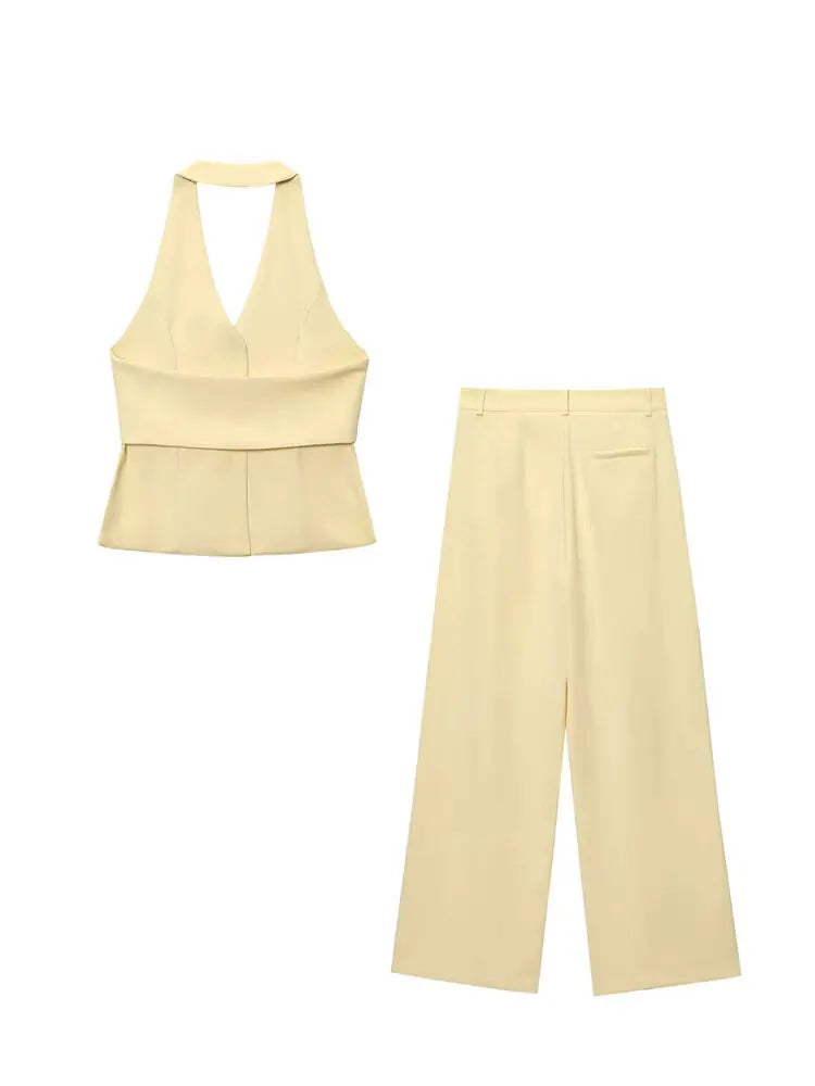 HH 2024 Female Elegant 2 Piece Solid Set High Waist Straight Trousers+Sleeveless Halter Vest Tops Chic Commuting Suit