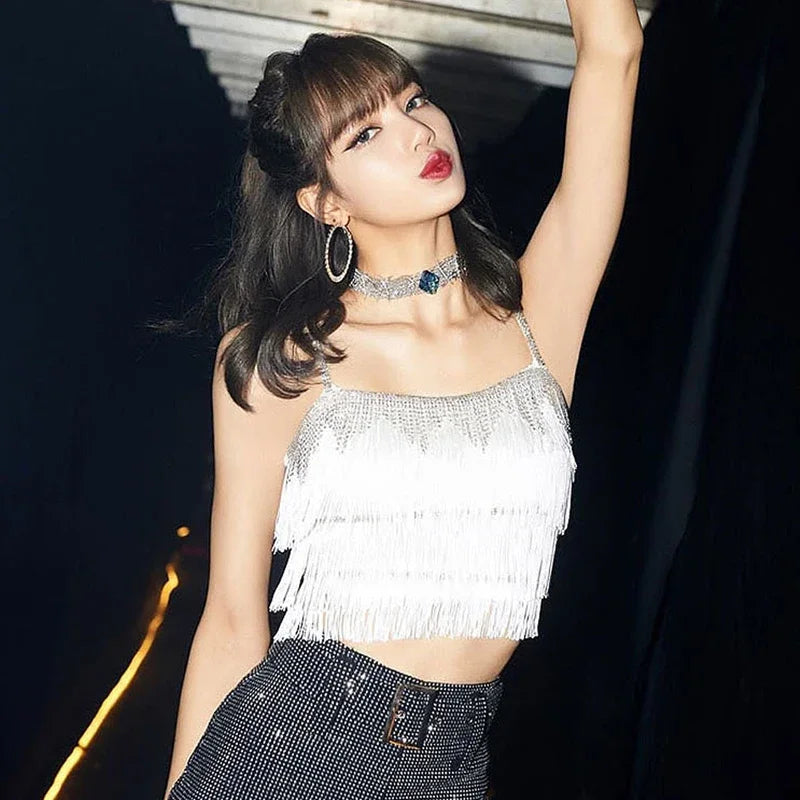 Lisa Kpop Outfit Korean Celebrity New Tassel Sexy Sleeveless Vest Tops Slim High Waist Shorts Shinny Women DS DJ Rave Clothes