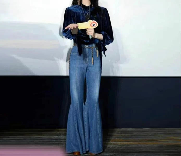 Retro Blue High-waisted Flared Slim-fitting Jeans New Mopping and Thin Fishtail Flared Pants Trousers