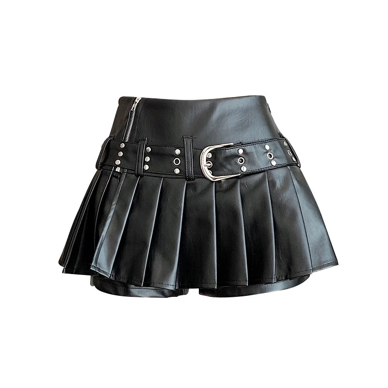 Gothic A-Line Pleated Leather Mini Skirt | Inspired by Özlem