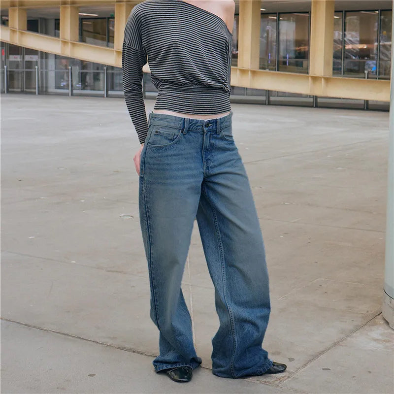 Womens Baggy Jeans Low Rise Wide Leg Denim Pants with Pockets Casual Long Trousers for Daily Office Y2K Vintage Streetwear