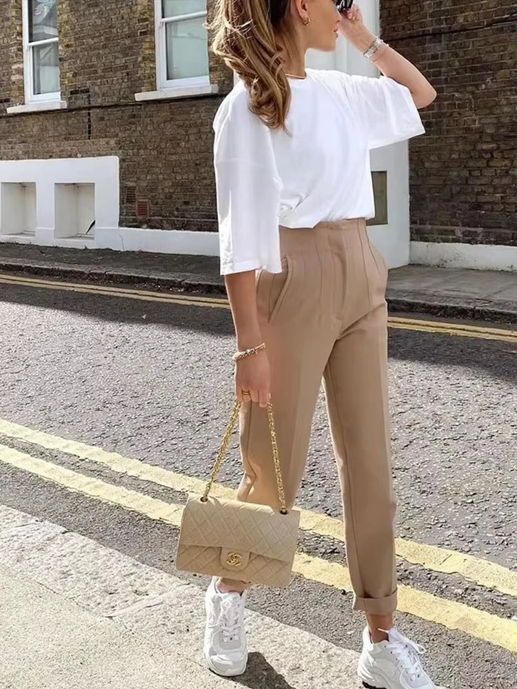 HH Women Vintage Solid Pencil Pants High Waist Pant For Women Casual Streetwear Woman Trousers Office Wear Basic Pant Mujer