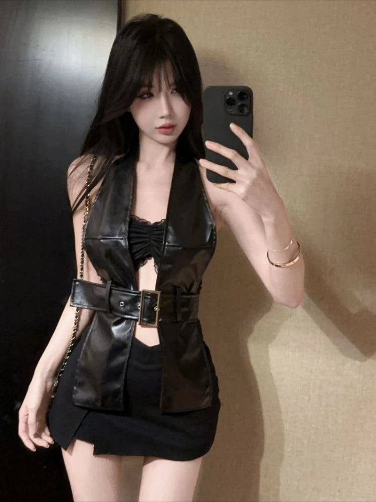 Y2k Aesthetic Two Pieces Set Women Streetwear Sexy Backless Pu Belt Tanks + Grunge Pleated Cropped Strapless Vest Summer Suit