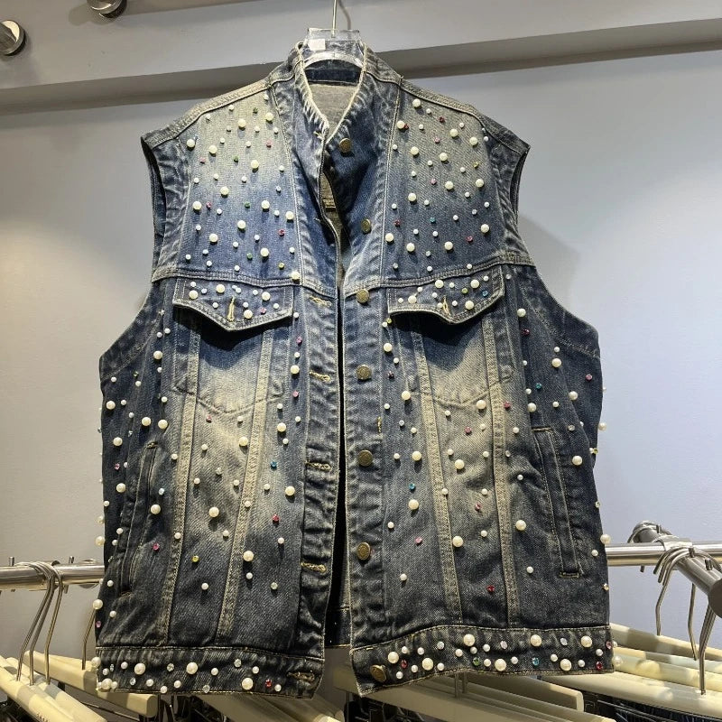 2026 Summer New Popular Women's Luxury Rhinestone Denim Vest Loose Slim Sleeveless Layering Fashion Waistcoat Top Y2k Clothes