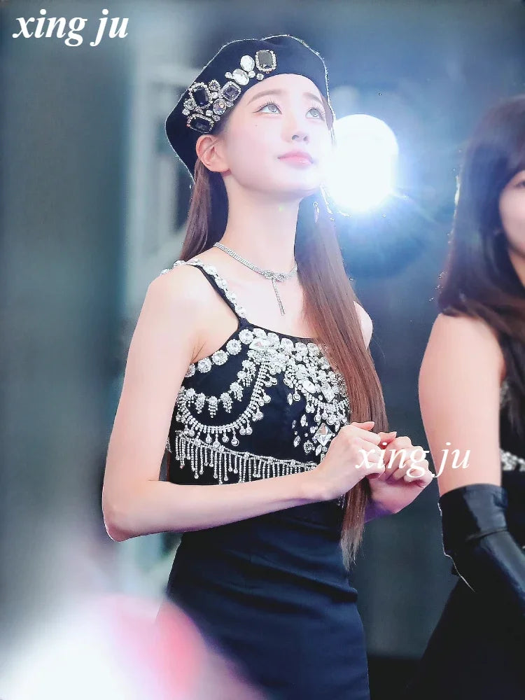 Female Singer Kpop Stage Outfit Black Shiny Rhinestone Sling Short Dress Women Group Jazz Dance Costume Stage Performance Wear