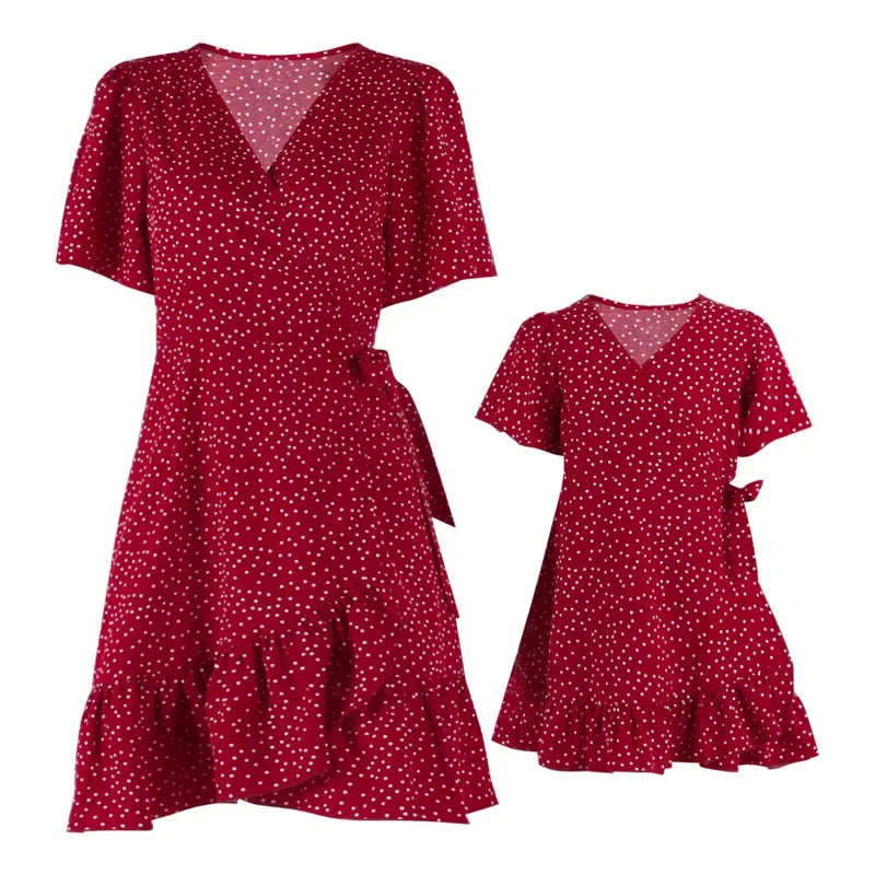 Polka Dot Ruffle Trim Short Sleeve Mini Dress Mother & Daughter Matching Set | Inspired by Beren Saat