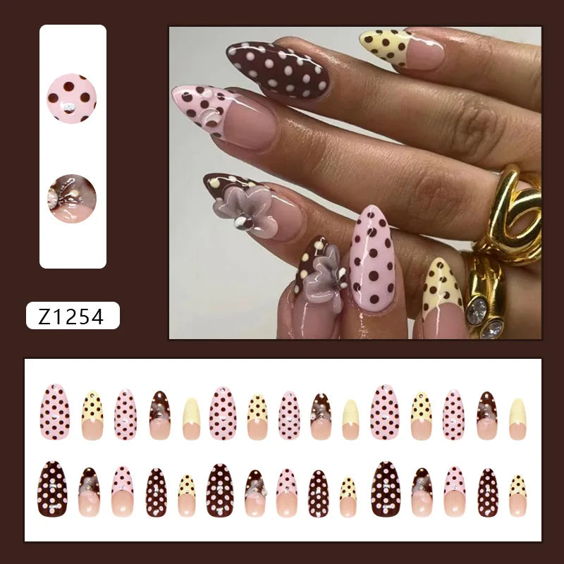 24pcs Sweet Pink Press On Nails Pink Bowknot Design French Almond Fake Nails Glossy Fashion Korean False Nail Patches Manicure