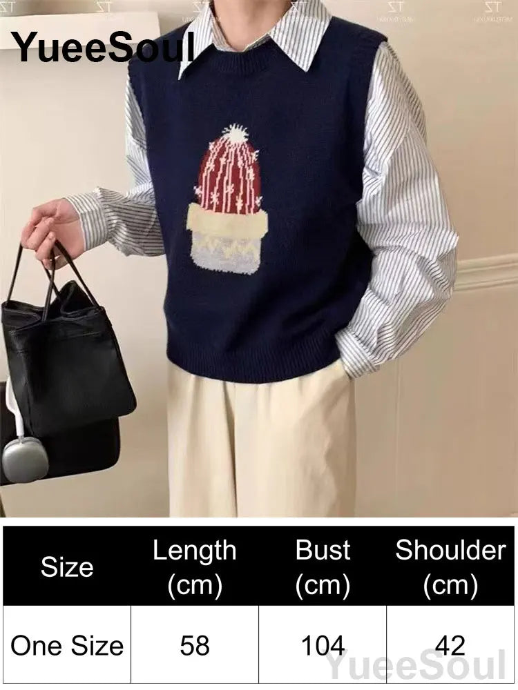 Blue Argyle Women's Vest Plaid Sleeveless Pullover Loose Knitted Sweater Vest 2026 New Autumn Y2K Casual Oversized Waistcoat