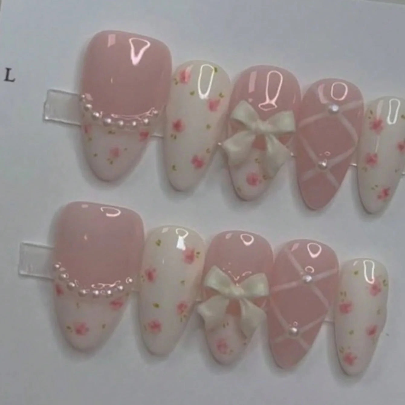 10pcs floral pearl French nails almond short hot girl y2k cute girl bow balletcore minimalist versatile handmade press-on nails