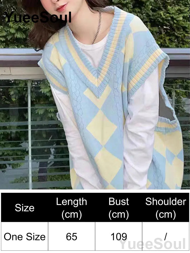 Blue Argyle Women's Vest Plaid Sleeveless Pullover Loose Knitted Sweater Vest 2026 New Autumn Y2K Casual Oversized Waistcoat