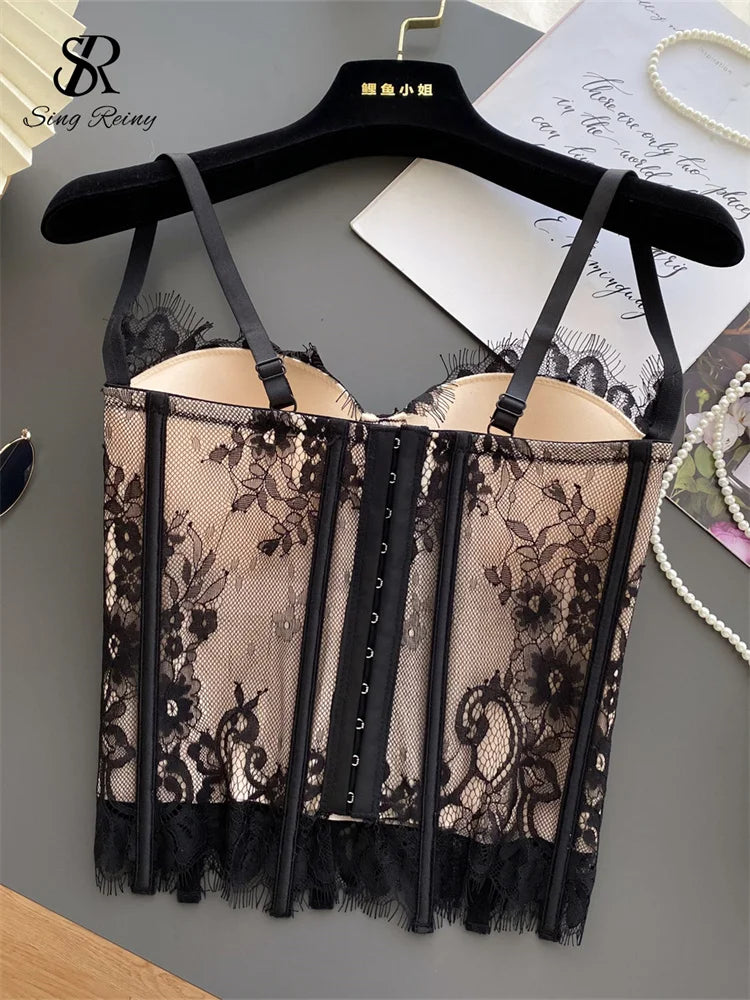 SINGREINY Vintage French Style Sensual Camisole Fashion Outwear Sheath Camis Women Embroidery Retro Sheath Backless Lace Camis