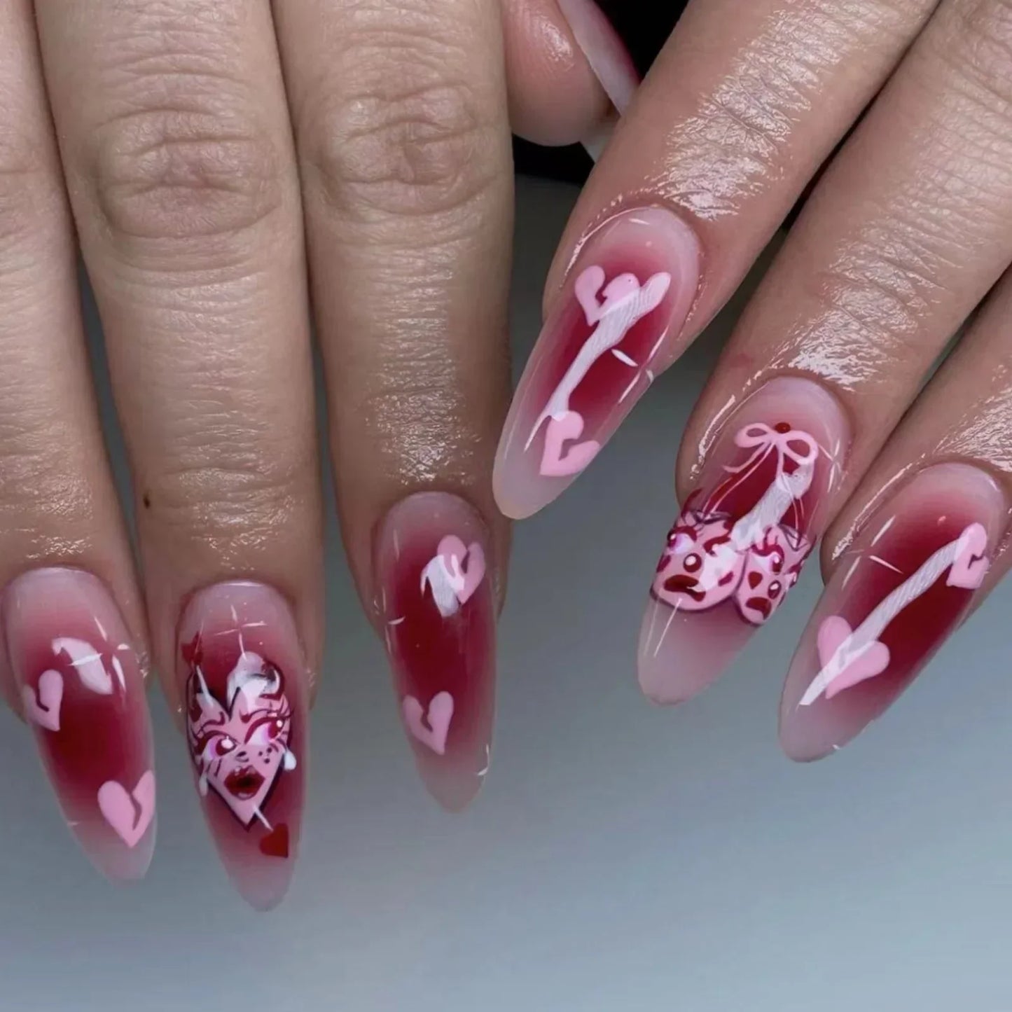 24Pcs Almond Press on Fake Nails Wearable Red Purple Blusher Halo Design False Nails Acrylic Full Over Simple Fashion Nail Tips