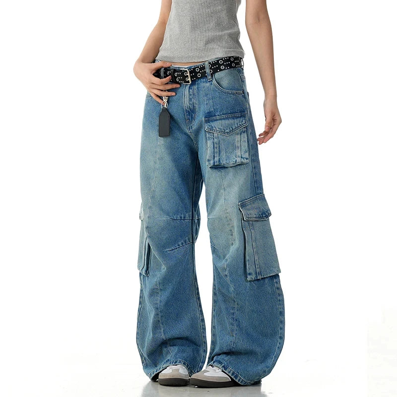 American Style Jeans Curved Knife Wide Leg Washed Worn-out with Multiple Pockets Men Loose Casual Floor Denim Jeans