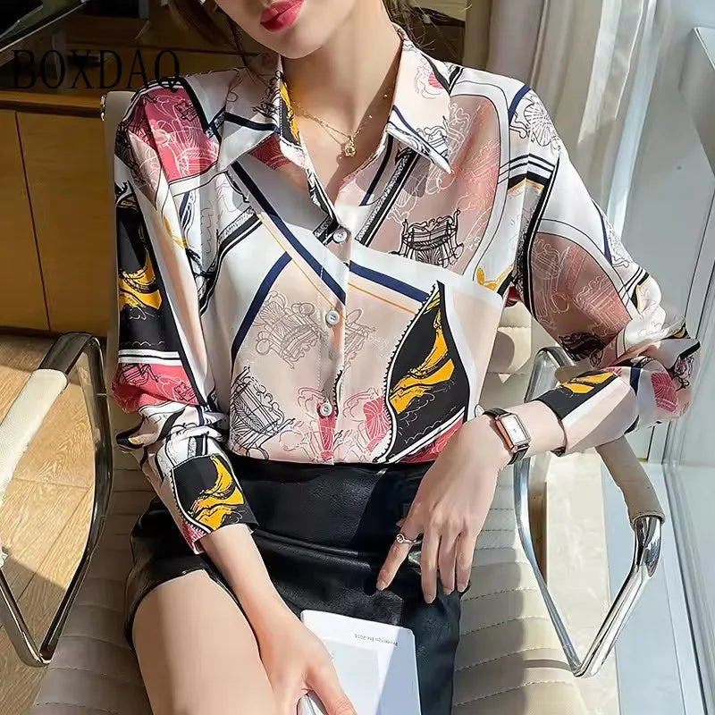 Fashion Woman Blouses 2025 Autumn Shirts For Women Abstract Striped Basic Womens Tops Luxury Women's Lapel Blouses Print Elegant