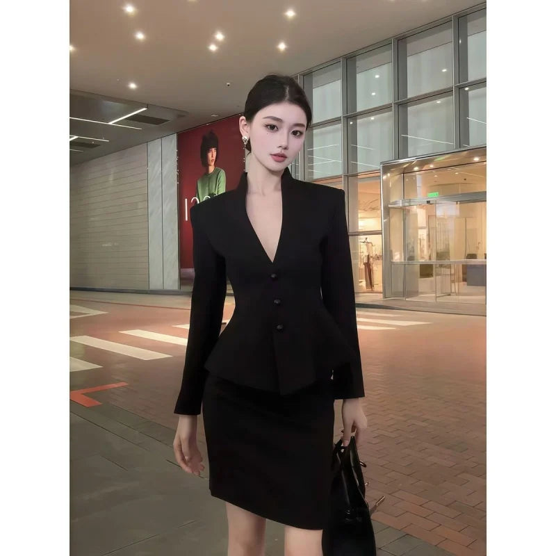 French Elegant Black Suit Women Autumn V-Neck Single Breasted Ruffle Jacket+ Slim Mini Pencil Skirt Office Lady Formal 2pcs Set