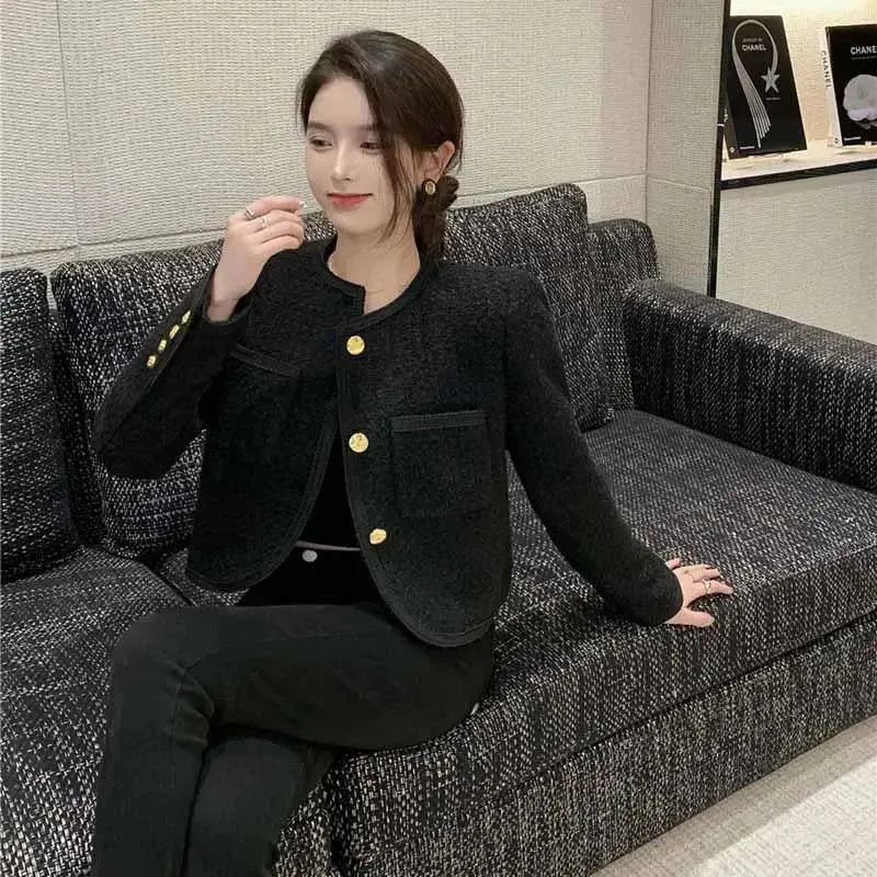 Elegant Faux Woolen Jackets Women Black Single Breasted French Chic Classy Coat Harajuku Button Office Lady Short Outwear