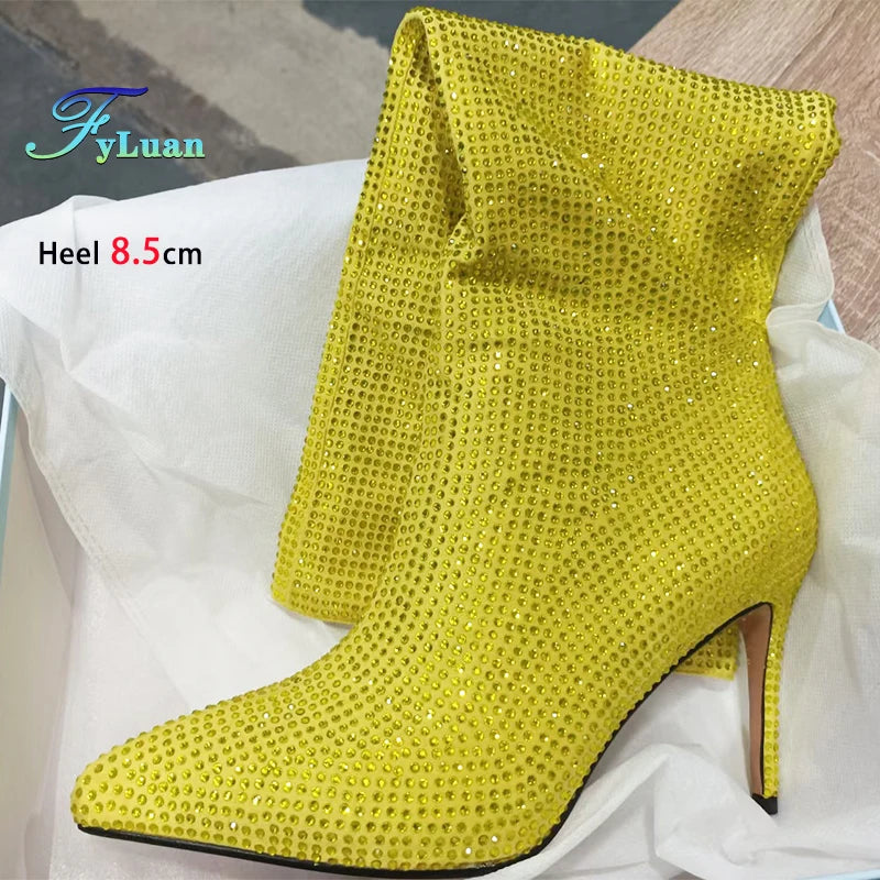 Gorgeous Rhinestones Boots Full Crystal Diamond Star Stage Shoes Women Pointy Knee-high 8.5CM Thin Heel Glitter Party Long Boots