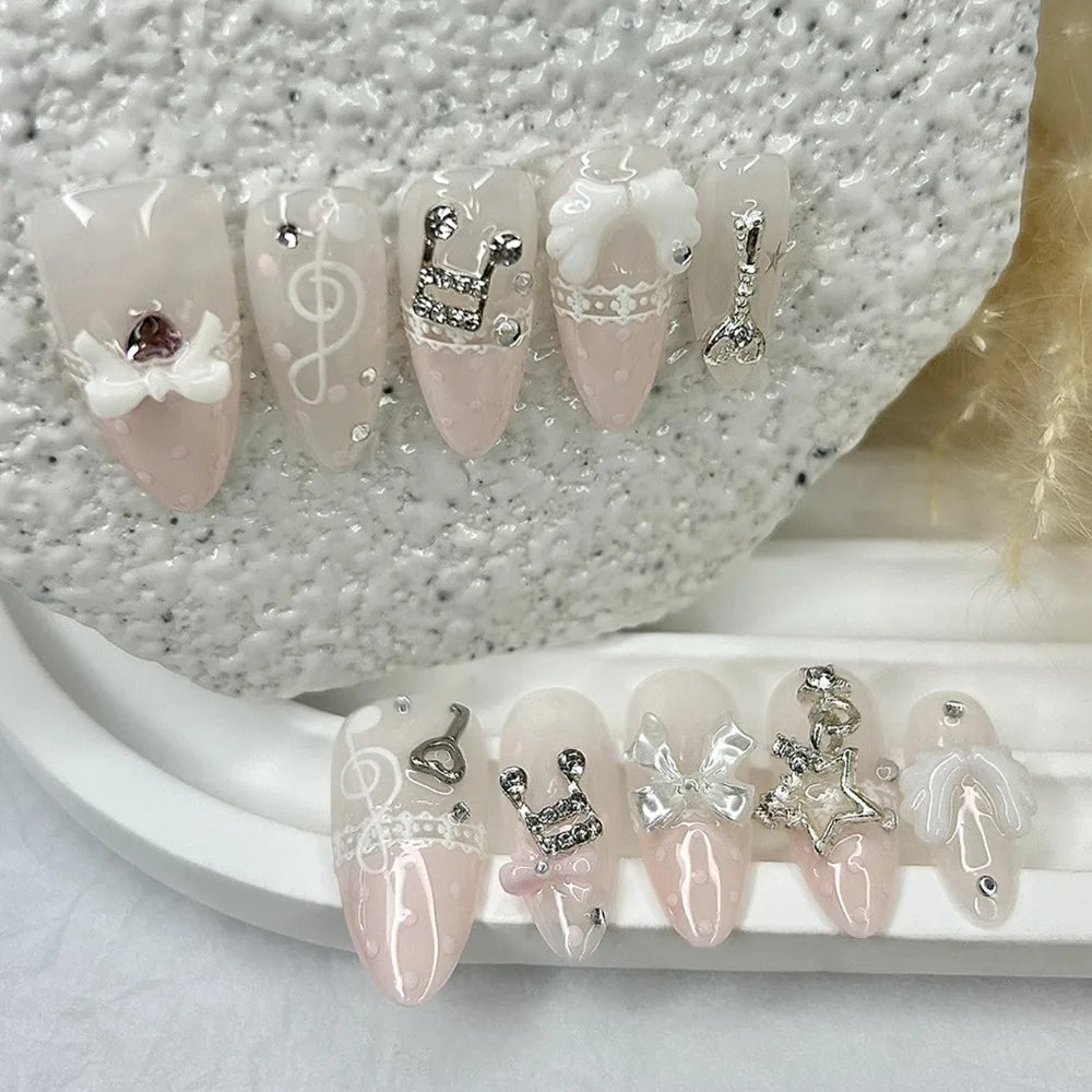 Musical Notes Pink Retro Cute Lace Polka Dots French Almond Press On Nails Handmade 3D Bow Star Wings Diamond Vintage Fake Nails
