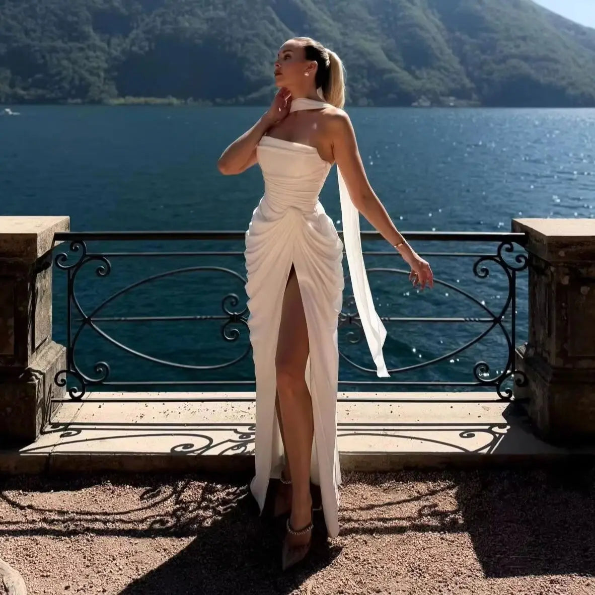 White Strapless Ruched Satin Mermaid Evening Gown | Inspired by Neslihan Atagül