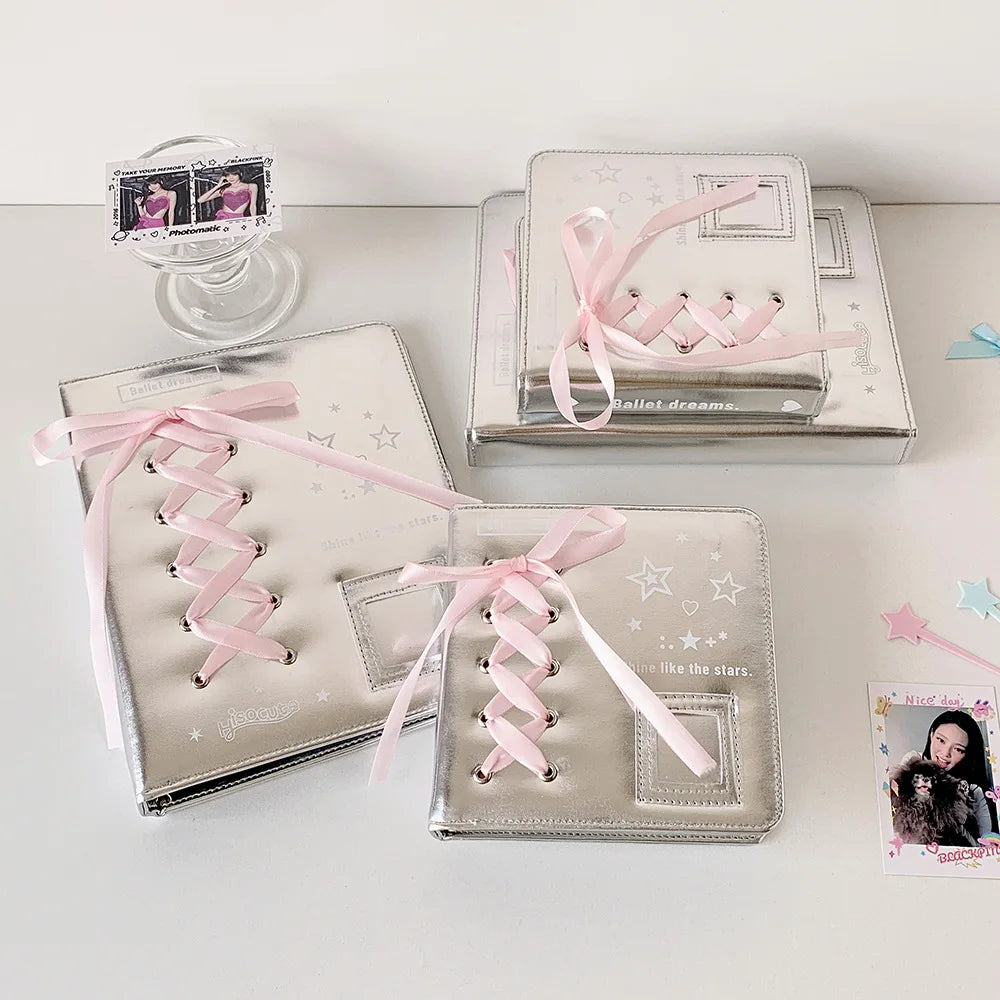 A5 A7 Silver PU Leather Photocard Binder Album Photos Cards Book Pink Bowtie Decor Instax Mini Collect Scrapbooking Scrap Album