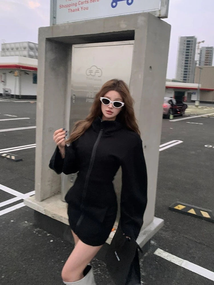 Japanese Harajuku style hot girl Y2K retro stand up collar big zipper black elastic body women's hoodie autumn hot girl tops emo