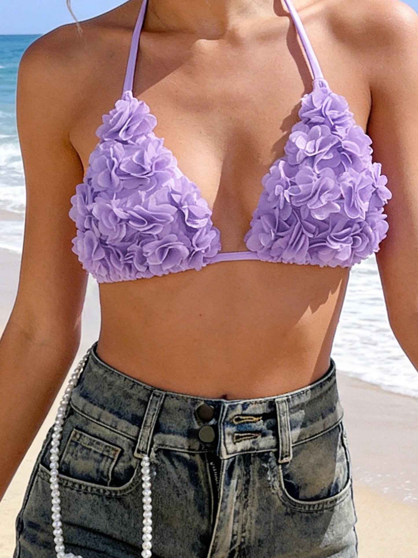 Women s 3D Floral Bikini Tops Purple Push Up V-Neck Swimsuit Bra with Adjustable Straps