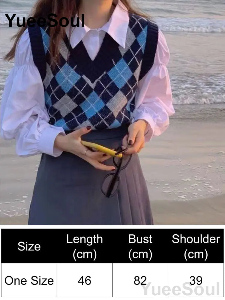 Blue Argyle Women's Vest Plaid Sleeveless Pullover Loose Knitted Sweater Vest 2026 New Autumn Y2K Casual Oversized Waistcoat