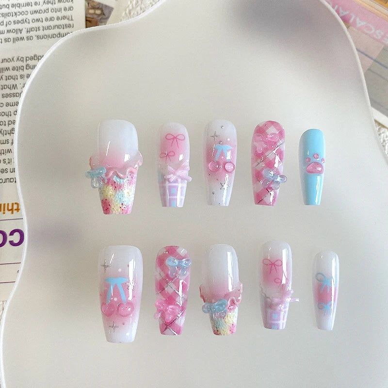 10pcs Pure Handmade Coffin Shaped Nail Art, Beautiful Fake Nails, Playful Pink White Blue Nail Art, Suitable for Women to Use