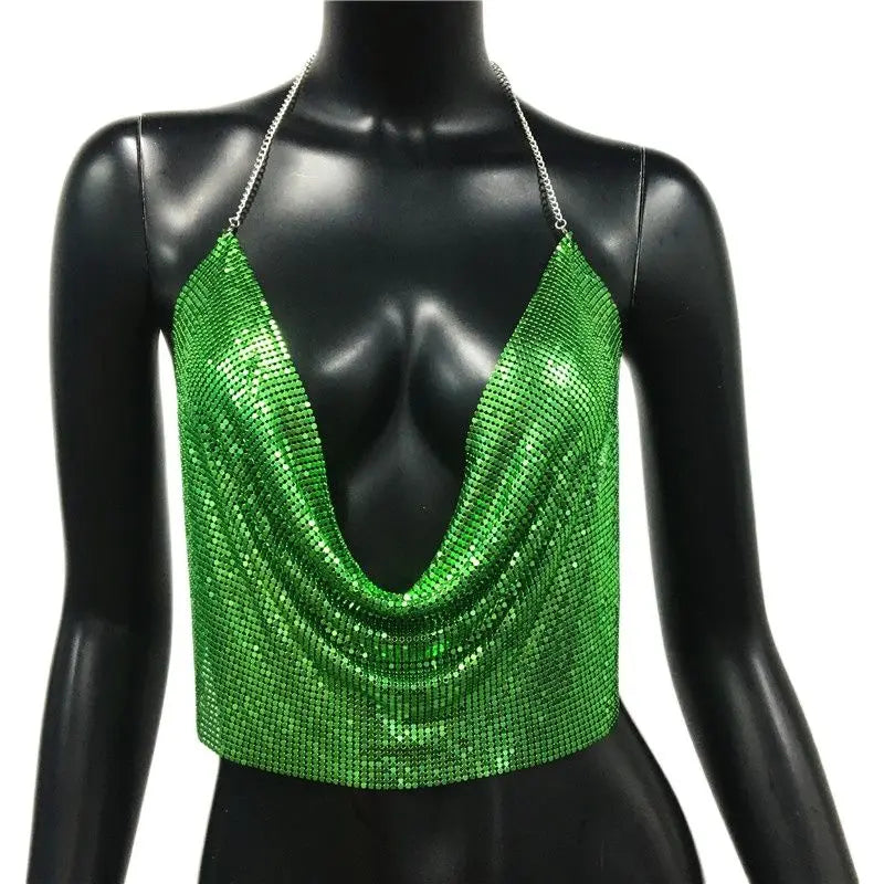 AKYZO Women 2025 Sexy Metal Sequined Tank Camis Summer Gold Silver Backless Cropped Glitter Beach Club Show Wear Tank Tops