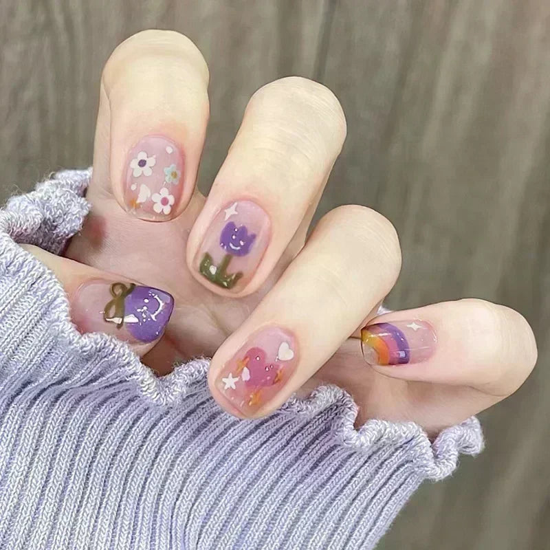 24pcs Cute Girly Short Square False Nails Sweet White French Nail Glitter Star Rhinestones Nail Art Cat Eye Bow Press On Nails