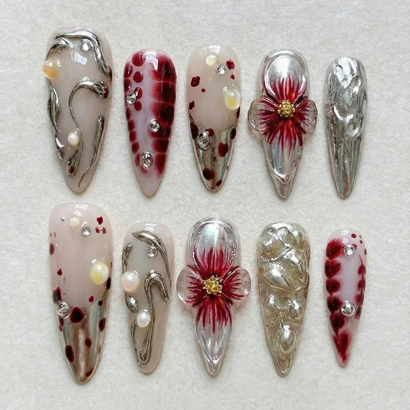 30pcs 3D Dream Rose Press on Nails Heart & Animal Wave Fake Nail Short Almond Full Coverage Nail for Women&Girl False Nail Art