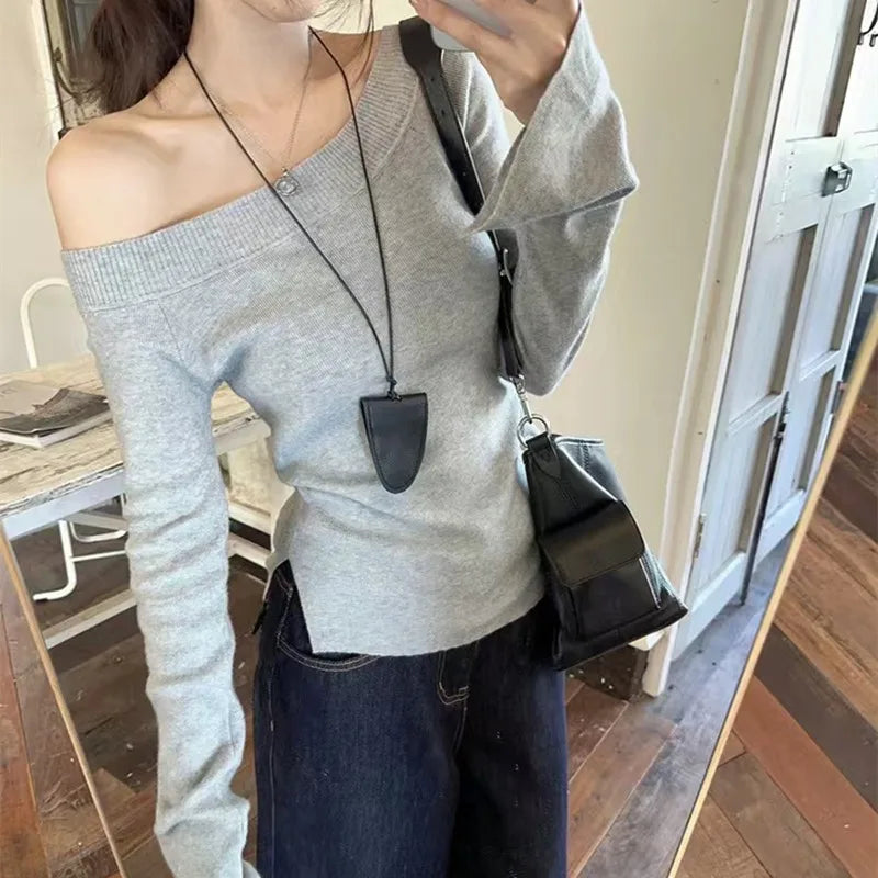 Elegant Long Sleeve Off-the-shoulder Knitted Sweater Women Pullover Bottoming Shirt Autumn Casual Office Simple Slim Fit Tops