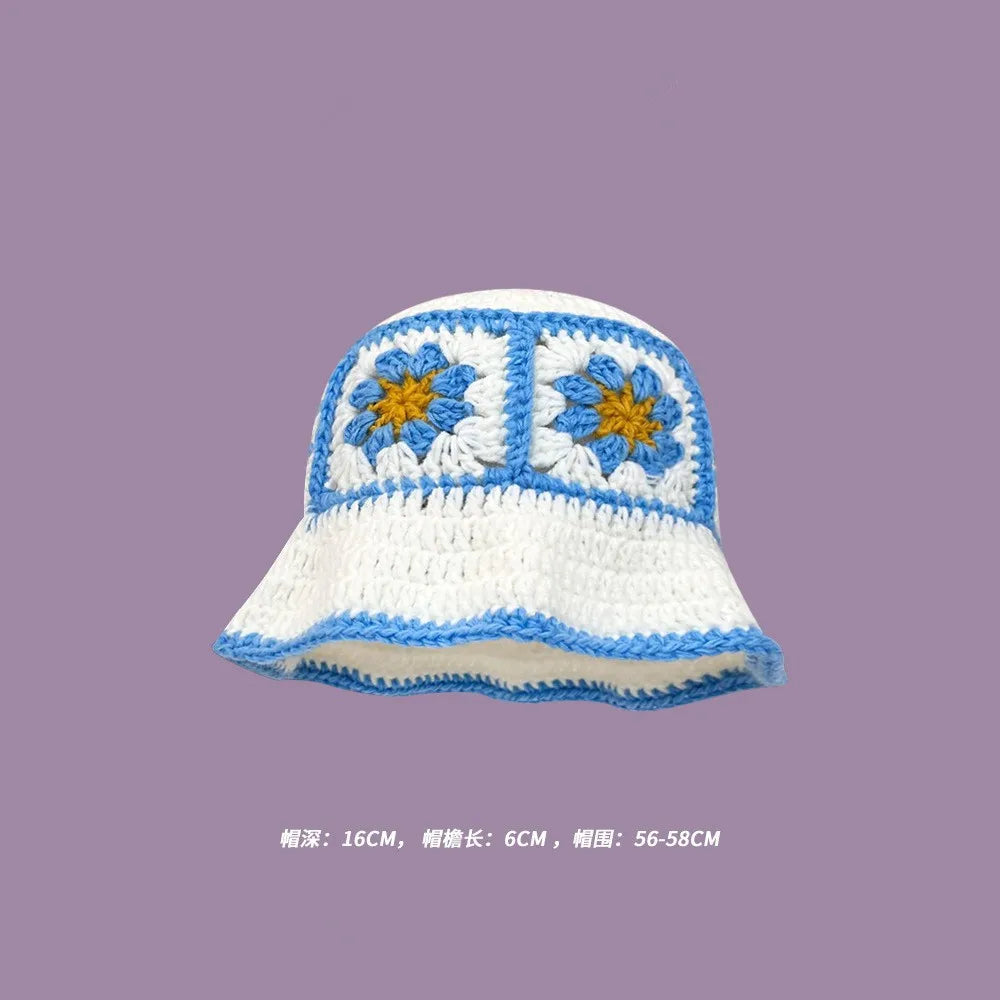 2023 Autumn New Crochet Korean Handmade Bucket Hat Women Weaving Knitted Hat  Fashion Flowers Autumn Winter Beanies Basin Cap