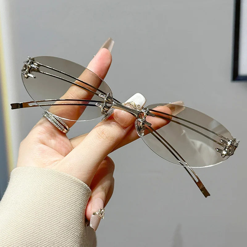 Korean Fashion Style Glasses for Women Oval Shape Rimless  Sunglasses Women Campus Style Female